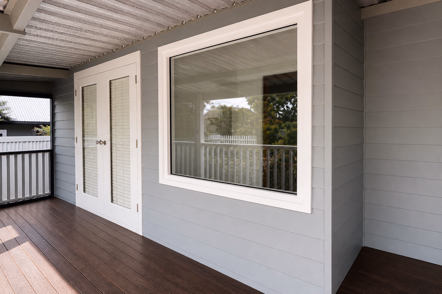 Grey weatherboards around a white-framed window and glass door