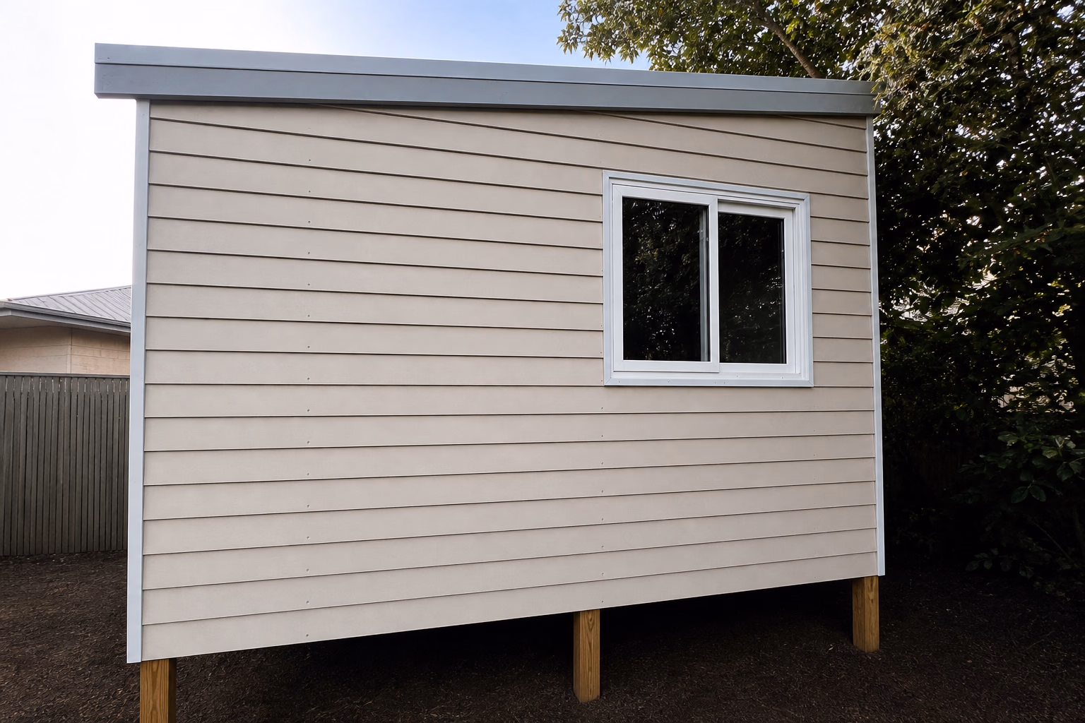 Beige weatherboard cladding on an elevated studio with a white window