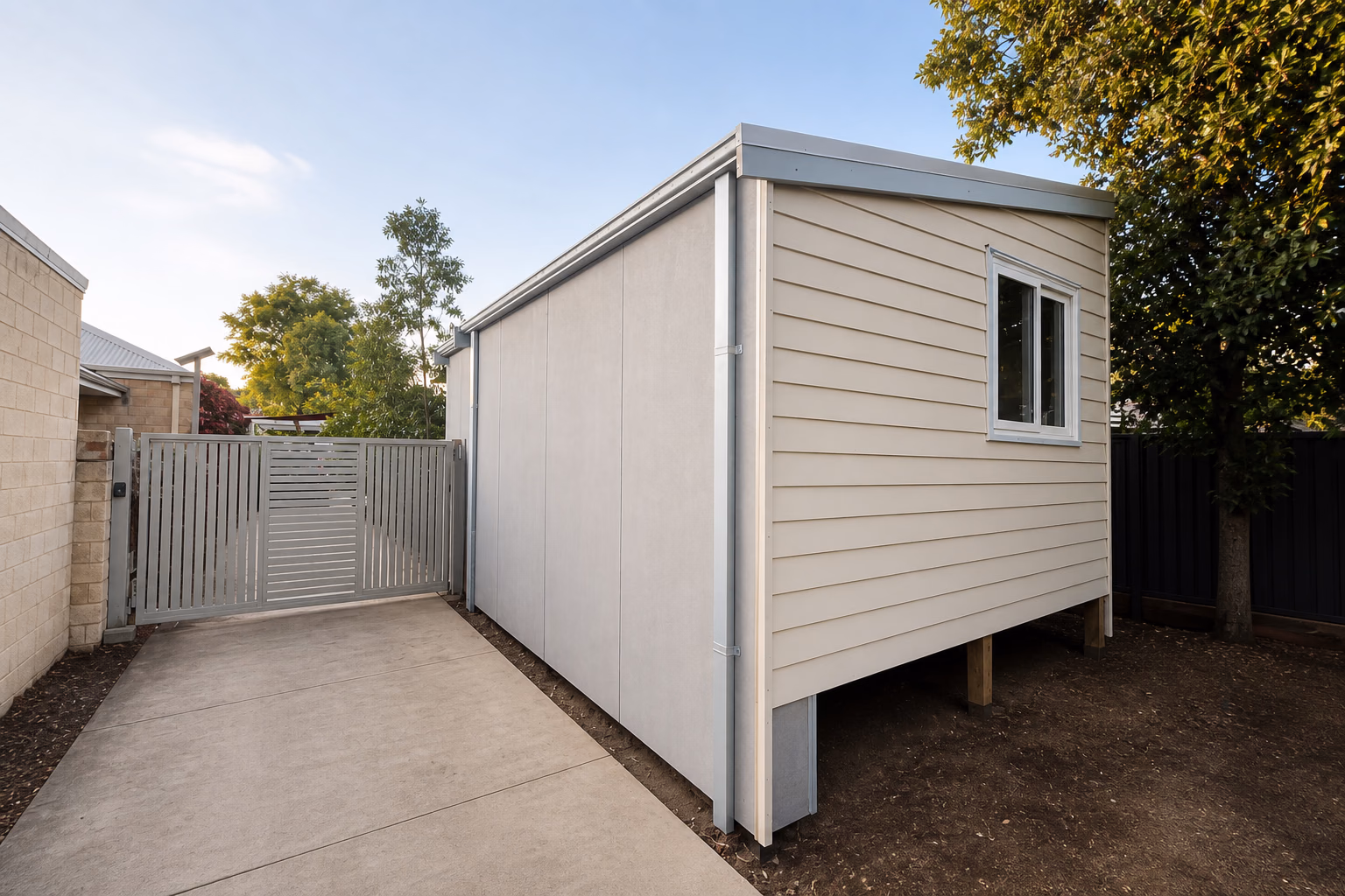 A backyard studio with grey vertical panels and cream weatherboard cladding