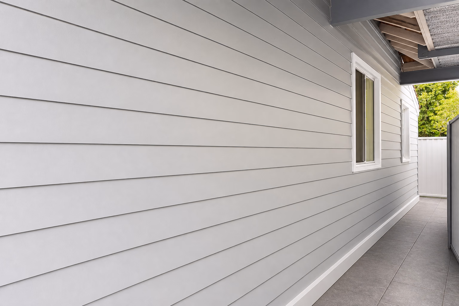 A long run of grey weatherboard cladding along a side wall