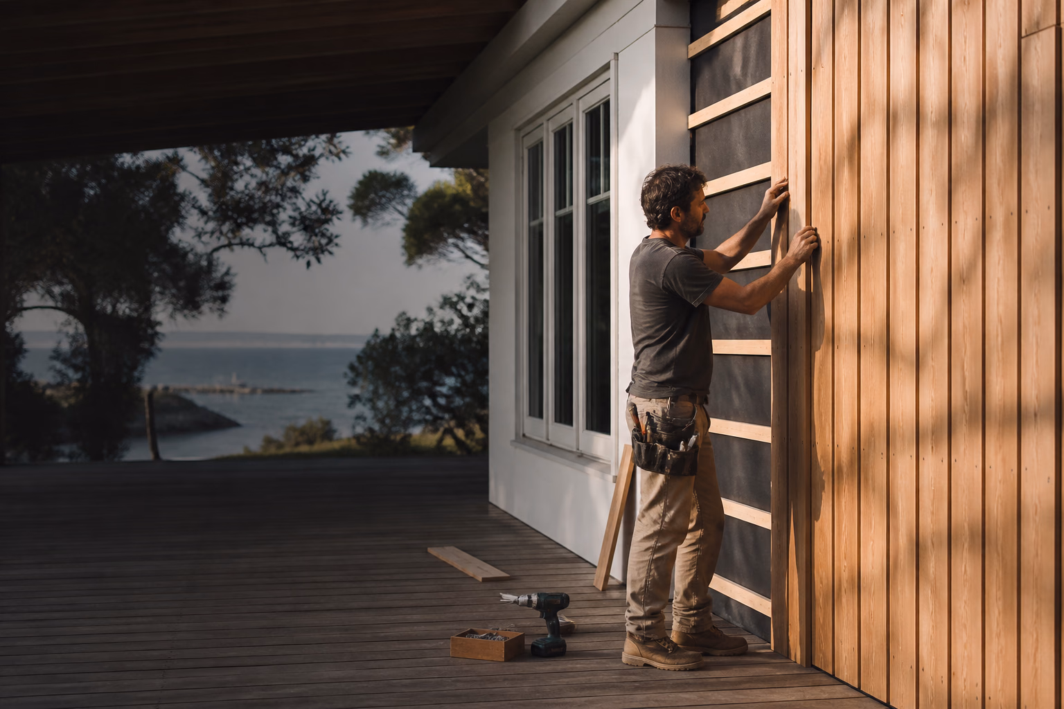 A carpenter fitting vertical cladding to a Fremantle-area home