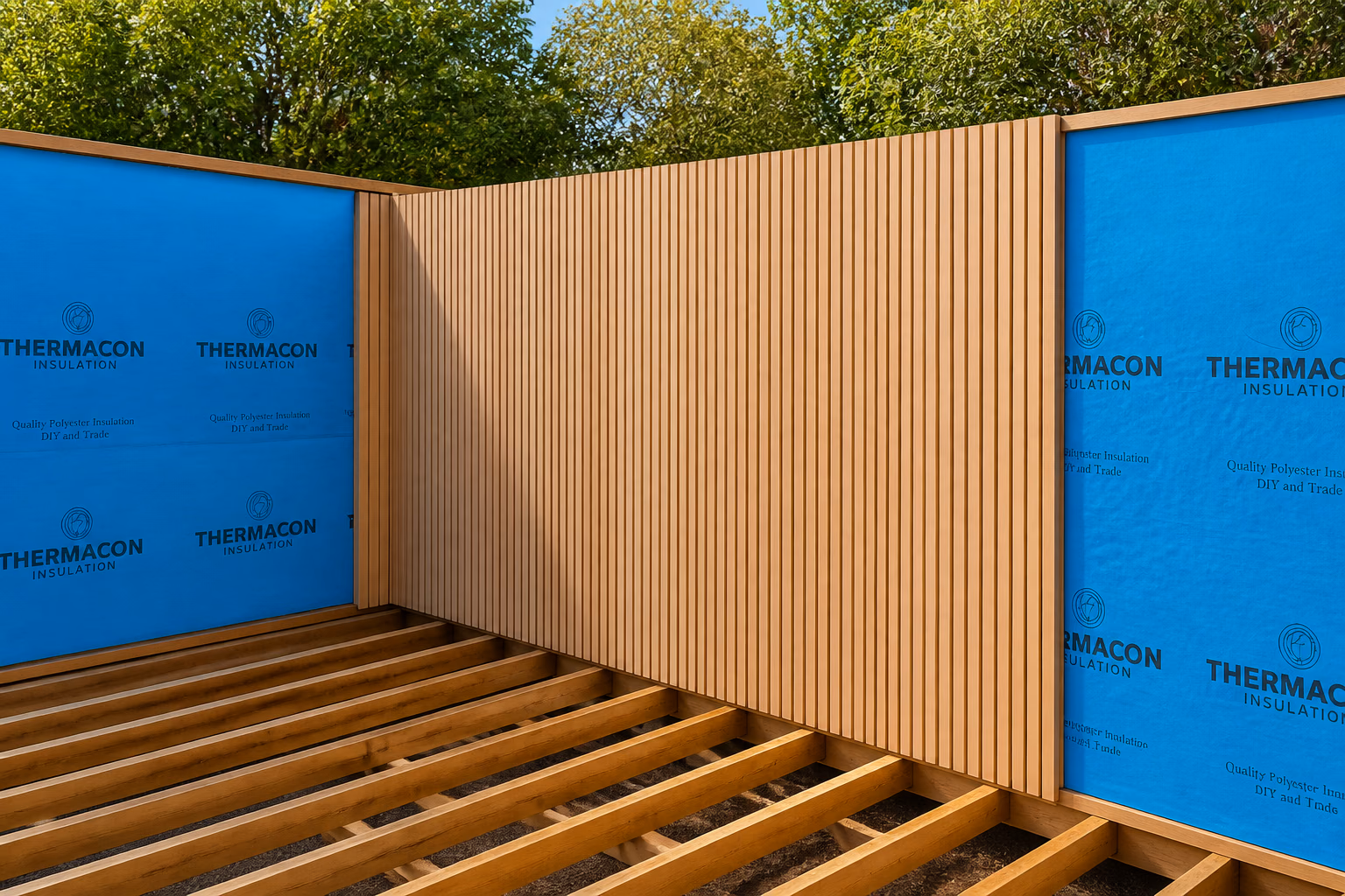 Vertical composite cladding being installed beside wall wrap