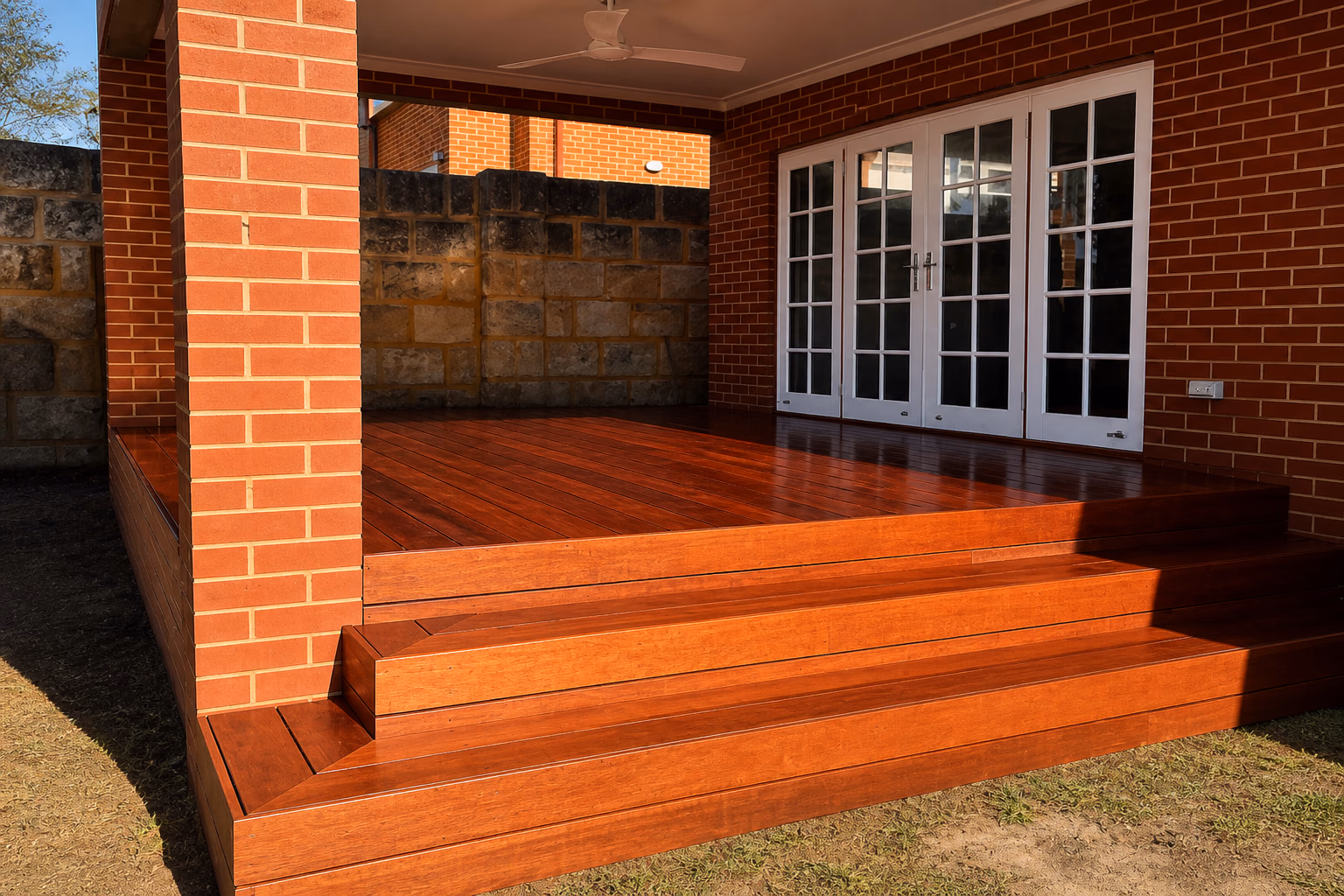 Hardwood wrap-around steps around a brick pillar and French doors