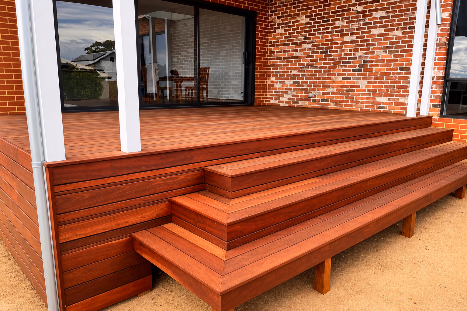 Mitered wrap-around hardwood steps at a red brick house