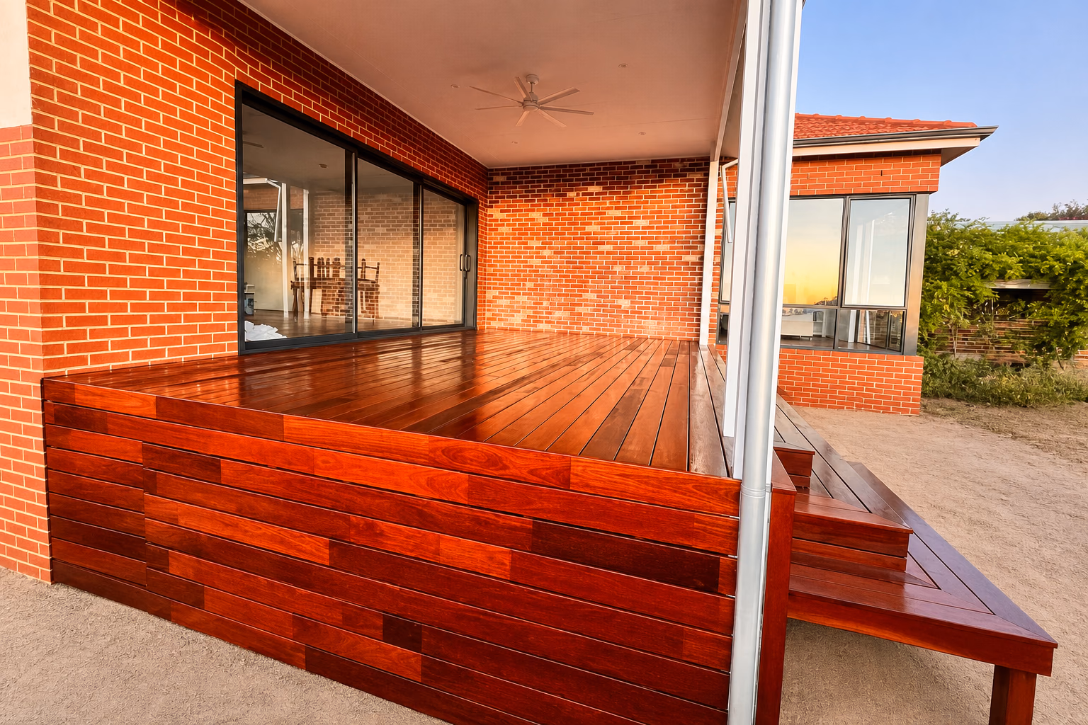 An elevated hardwood deck with boxed timber cladding beside a brick house