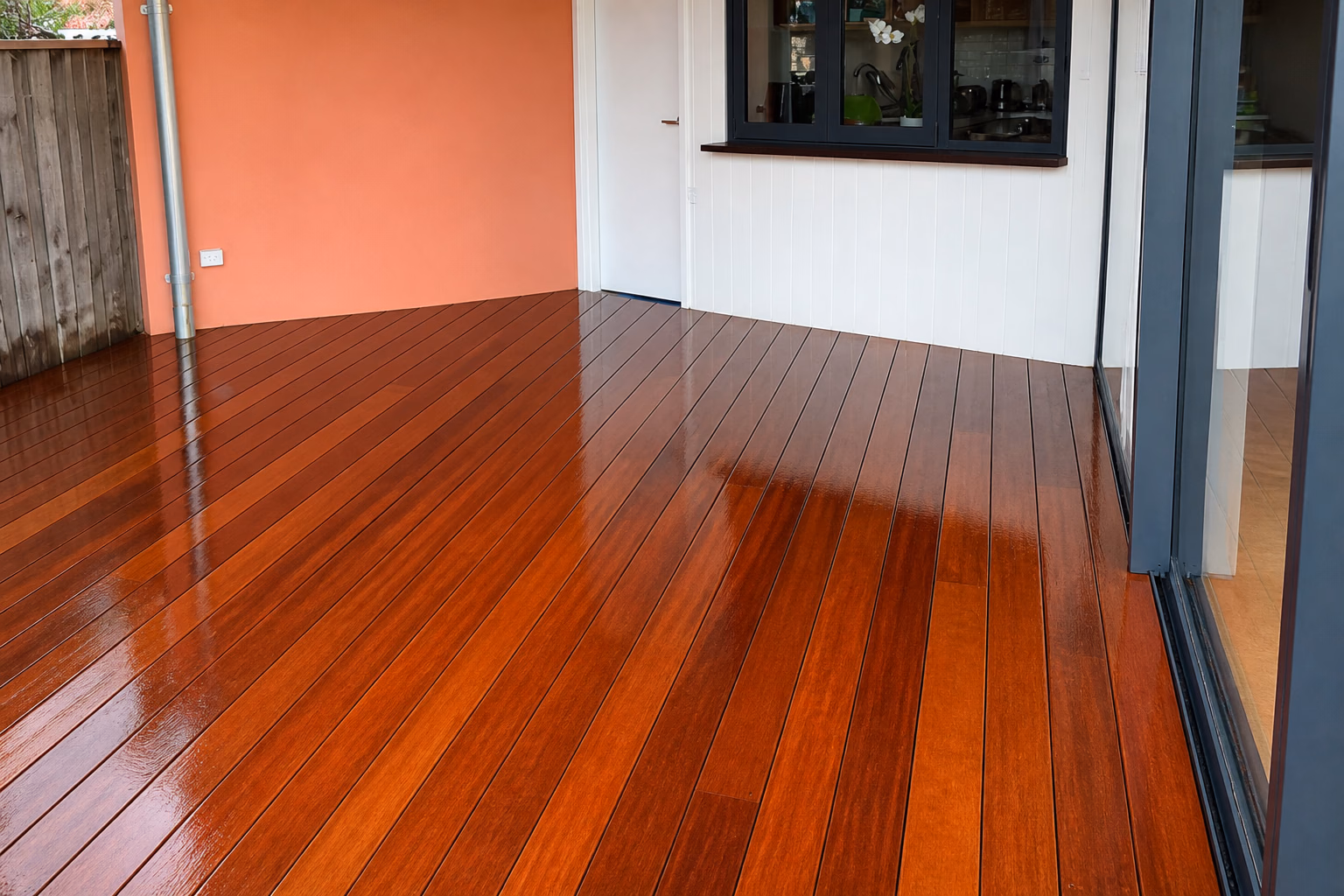 A freshly oiled hardwood deck in an alfresco courtyard