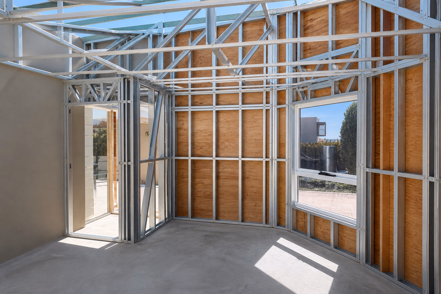 Interior steel wall and roof framing with the window in