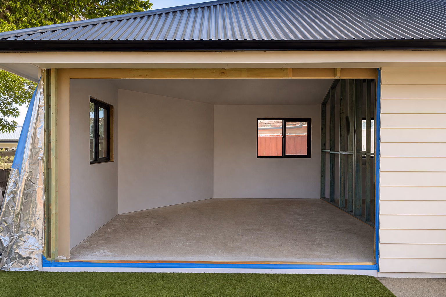 A framed opening with timber header and weatherboard cladding
