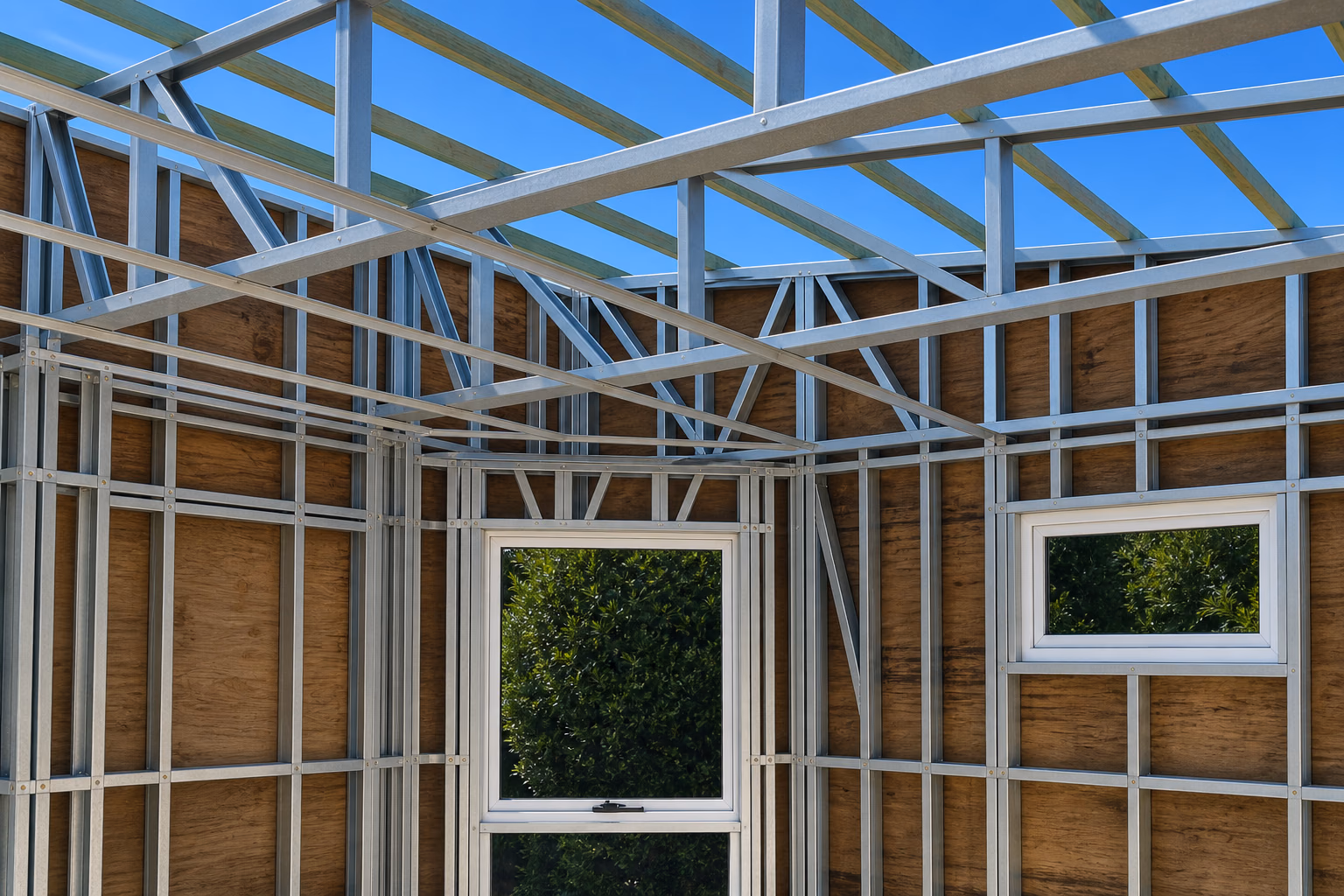 Steel wall and roof framing with timber battens open to the sky