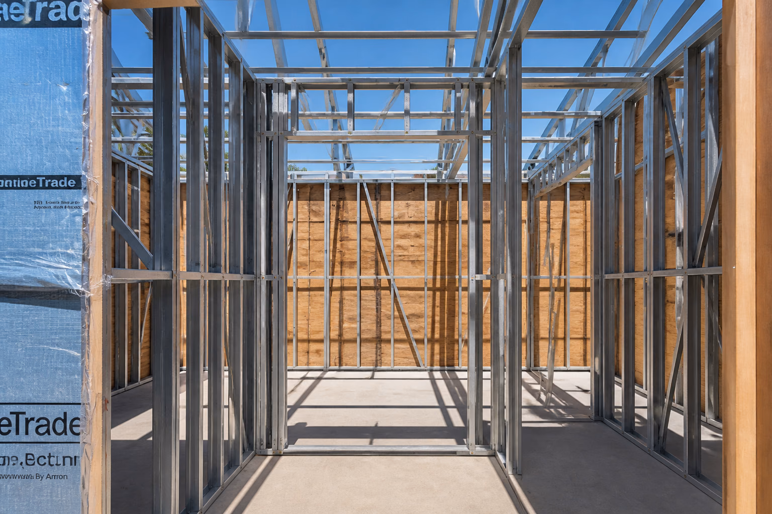 Light-gauge steel wall and roof framing on a slab
