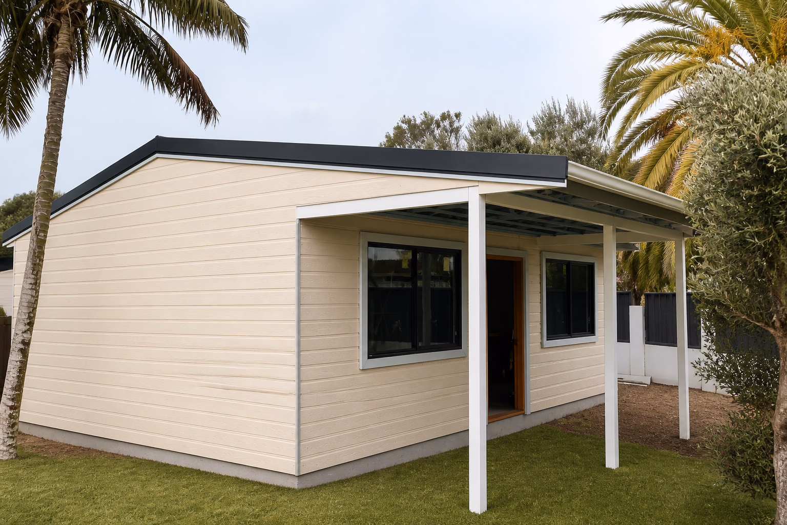 A compact weatherboard granny flat with a front porch