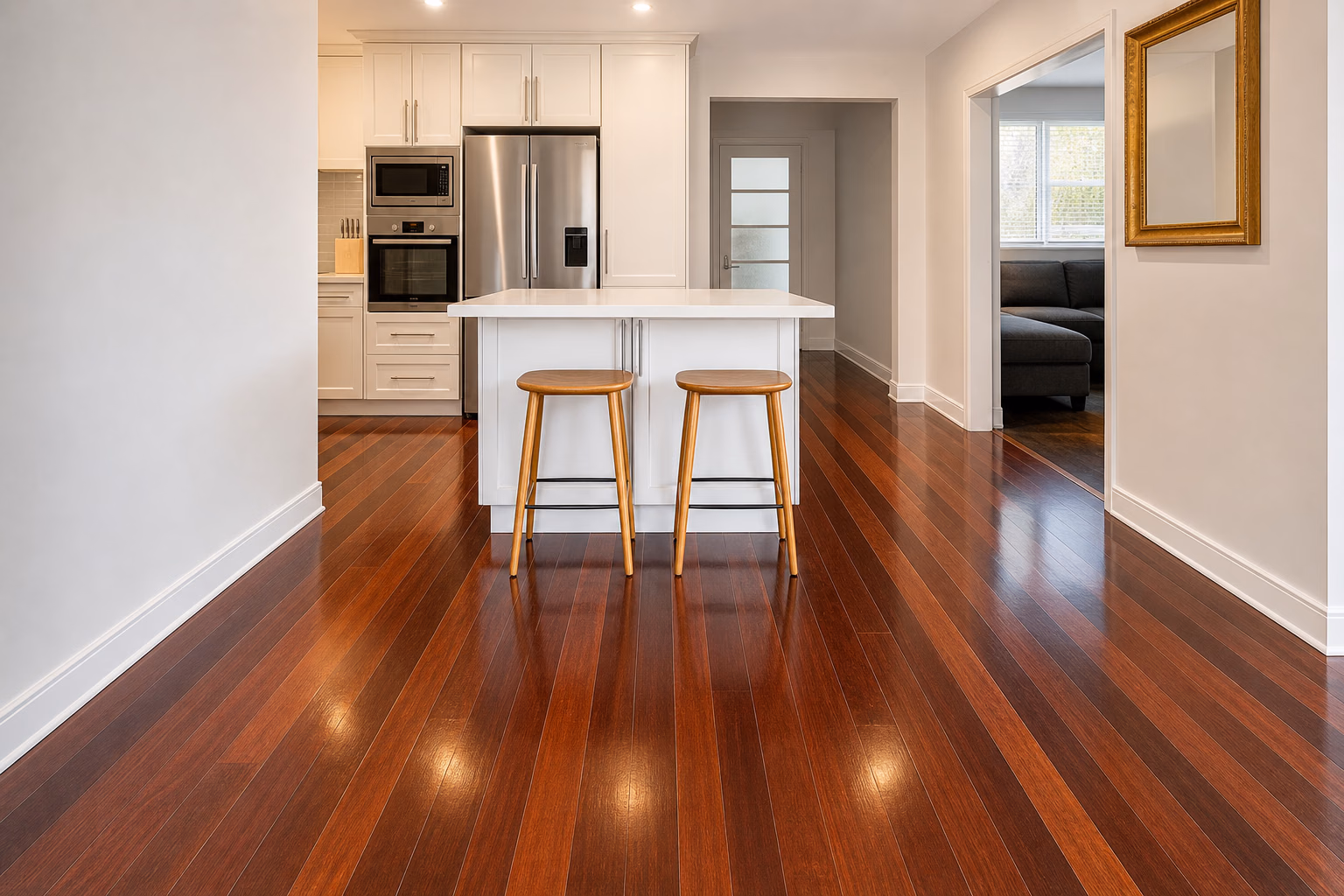 A finished hardwood floor through an open-plan kitchen