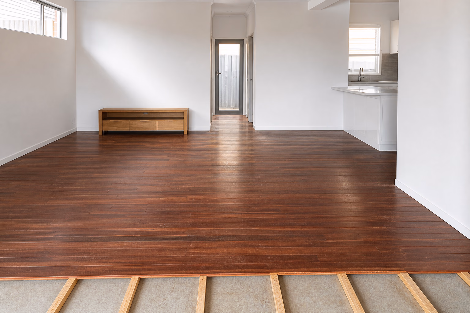 Hardwood floorboards being laid during installation