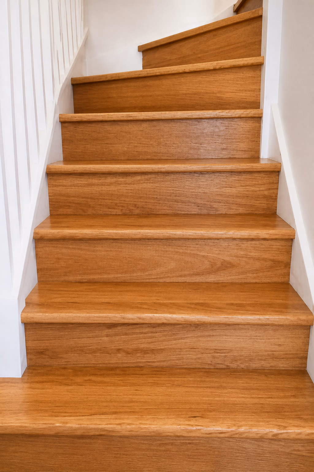 Honey-oak hardwood stairs looking up toward a landing