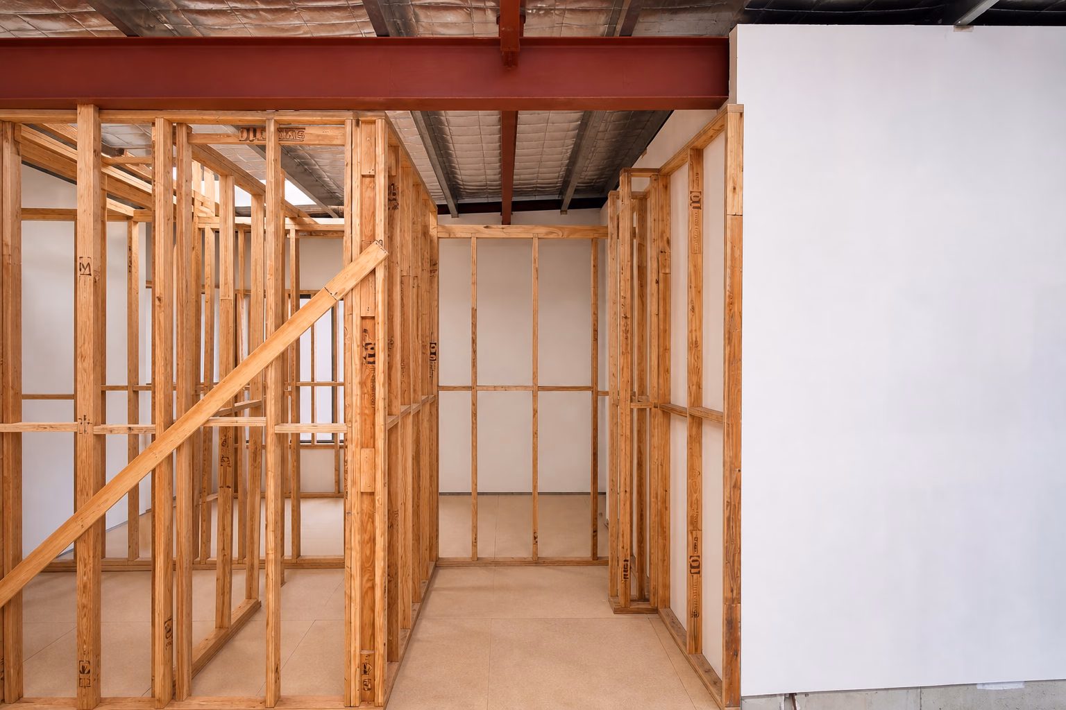 Timber wall framing and a steel beam during a renovation